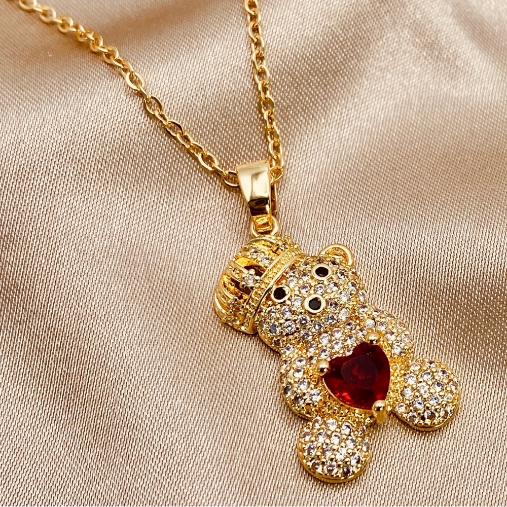 Cute King Teddy Bear Pave Red Heart CZ Pendant Dainty Chain Necklace in Gold